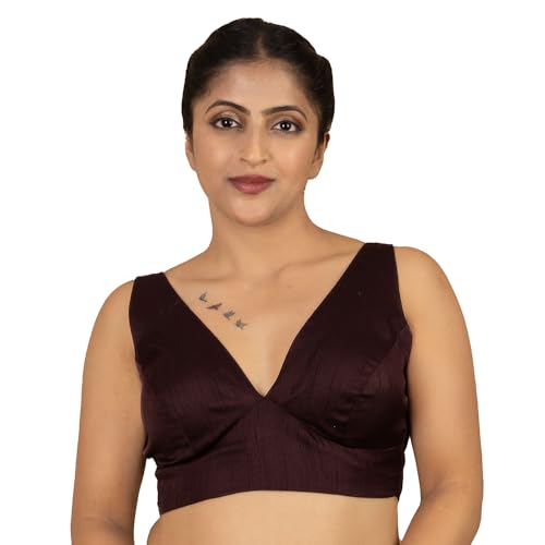 Image of FIGURE'S DESIGNER Women's Dupion Raw Silk Sleeveless V Neck Sabyasachi Cut Readymade Saree Blouse Padded Stitched S4