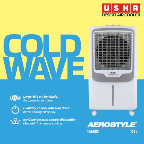 Usha Aerostyle 105L Desert Cooler for Home | For Larger Room | Big Ice Chamber | 3 Side honey comb for better cooling |Humidity Control for auto drain| Dust Filter| Works on Inverter| Castor Wheels view 2