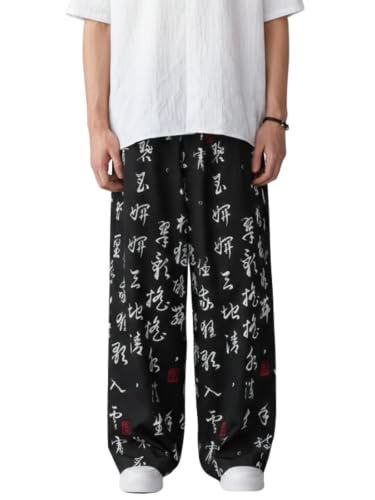 Image of Mens Boho Hippie Harem Pants | Black Printed Wide-Leg Trousers | Koren Streetwear Loose Baggy Fit Summer Lounge Yoga Lowers |Trouser Relaxed Fit for Men | Men Drawstring Pants
