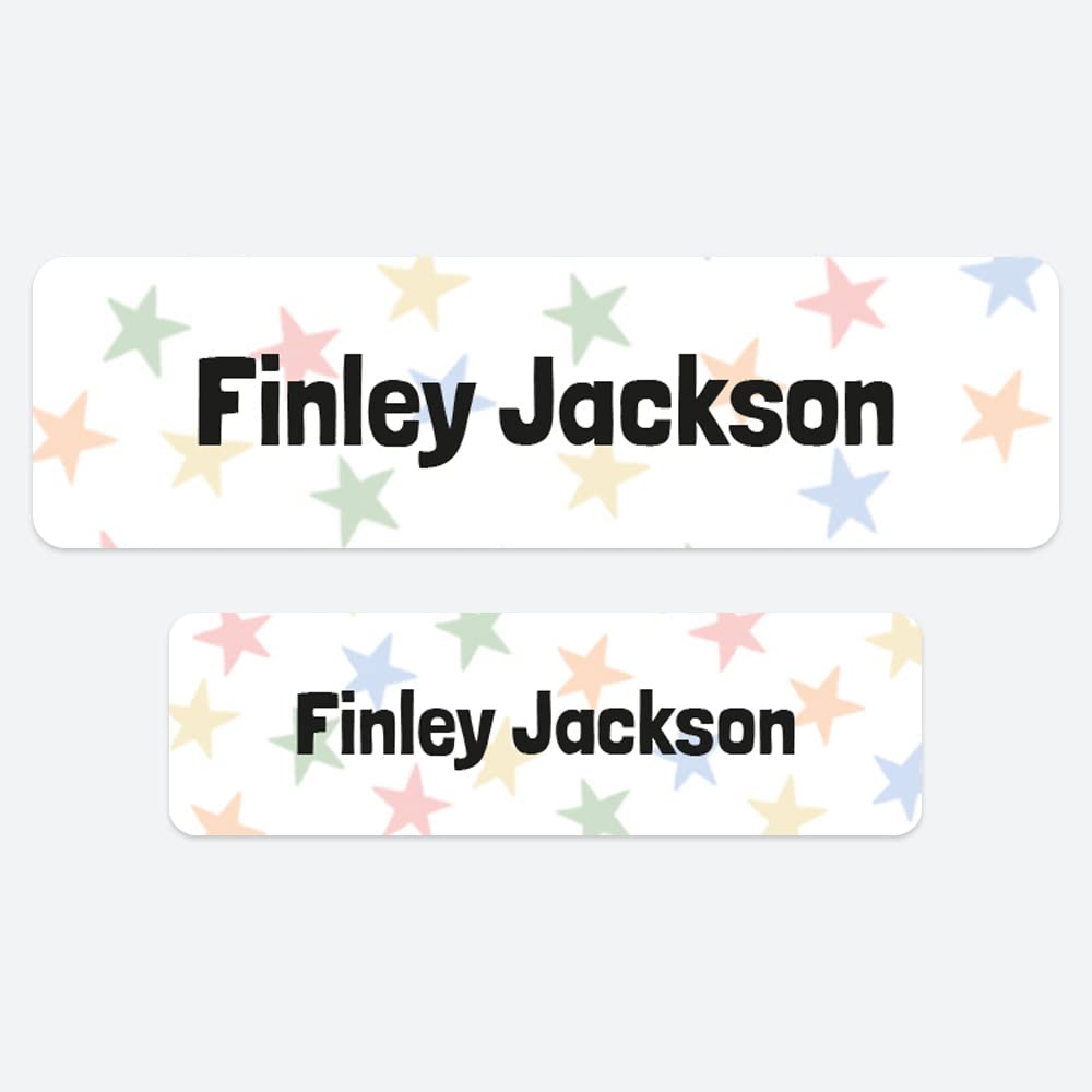 50 x No Iron Personalised Stick On Waterproof Washable Name Labels Great for Clothes, School Uniform, Equipment, Shoes. School, Nursery, Day Care, Hospital - Doodle Star Pastels