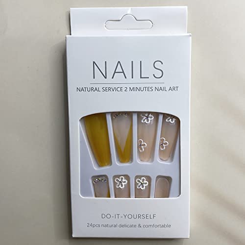3D Flower Press On Nails Long Fake Nails Coffin False Nails Yellow French Tip Acrylic Nails Rhinestone Stick On Nail For Women And Girl #TOP5