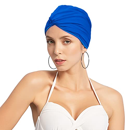Women Ear Protection Swim Cap Nylon Spandex Stretchable Shower Bathing Cap Soft Cross Beanie Surfing Hat Chemo Turban Style Night Sleep Hat for Long Hair Dreadlocks Weaves Curls