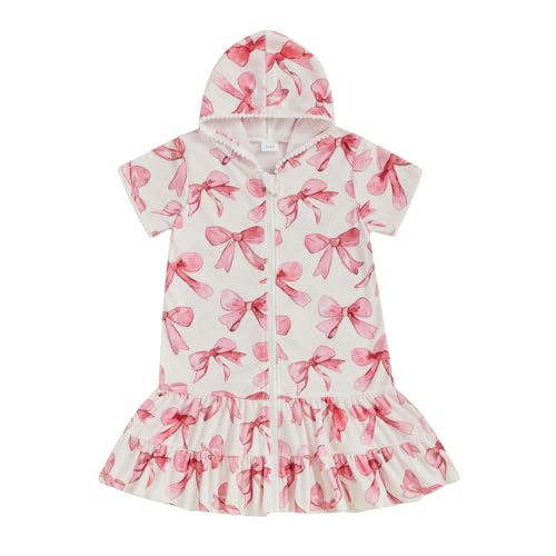 Girls Cover Ups for Swimwear Bathing Suit Hooded Coverups Bow Print Short Sleeve Zip-Up Dress Robe Towel Beachwear