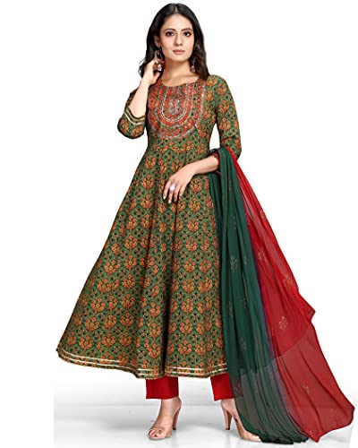 Rajnandini Women's Pure Cotton Embroidered A-Line Anarkali Kurta Set with Dupatta (Ready to Wear; Green and Red;-P)