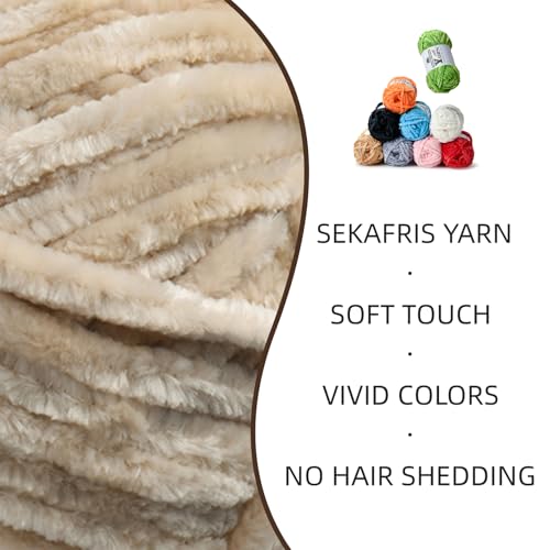 Image of 2 Pack Plush Chenille Chunky Yarn - Fluffy Velvet Yarns Crochet for Blanket Knitting and Crocheting - Soft Baby Yarn for Crocheting - Amigurumi Crochet Yarns 100g (87yds) (2 Beige)