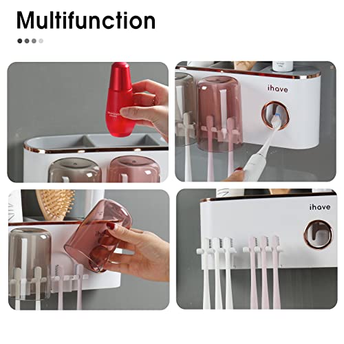 iHave Toothbrush Holders Bathroom Decor with Toothpaste Dispenser, 2 Cups Toothbrush Holder Wall Mounted Bathroom Accessories