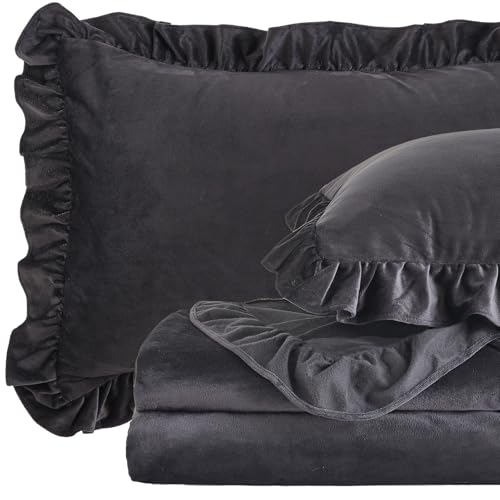 Image of Velvet Plush Flannel Sheet Set - Twin Size 3-Piece - Ruffled Edge Design, 16 Inch Deep Pocket, Anti-Pilling & Fade Resistant - 220 GSM Breathable Luxury All-Season Bedding, Black