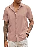 COOFANDY Men's Short Sleeve Button Down Shirts Wrinkle Free Cuban Shirts for Men Guayabera## Pink