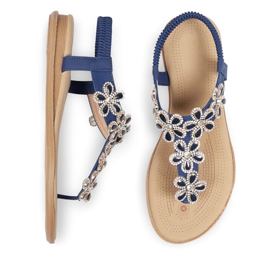 Image of iCKER Women Flat Thong Sandals Rhinestone Sparkly Boho Elastic Ankle Strap | Elastic ankle strap,non‑slip,matches summer dresses,for vacation,wedding,evening and festival