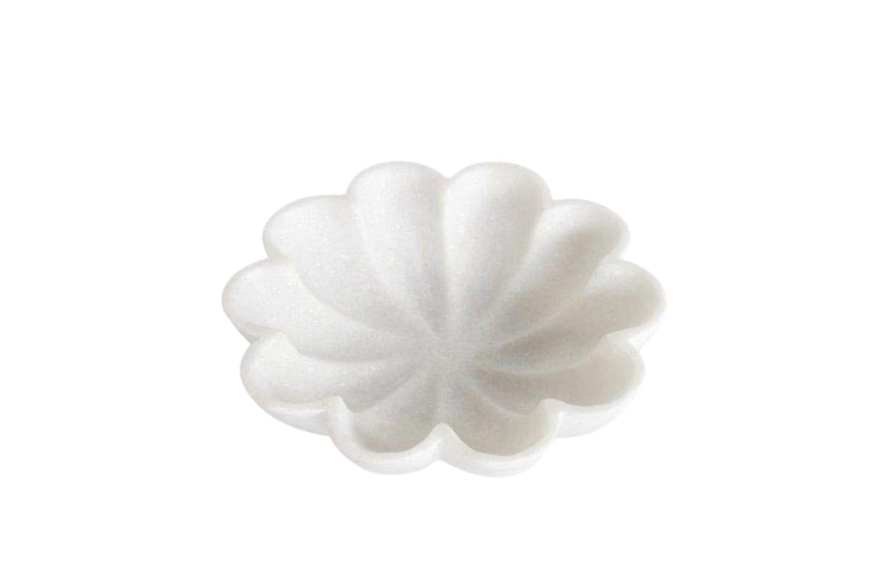 PUSHPA EXPORTS Handcrafted Marble Decorative Bowl Ripple Marble Bowl White Marble Flower Bowl Decorative Marble Scallop Bowl Ruffled Marble Bowl Ring Dish (6 inch)