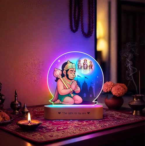 Image of ZOCI VOCI Hanuman Ji LED Lamp with Wooden Base - Bajrangbali Night Light for Pooja Room, Hanuman Photo Frame Light for Home Temple Decor, Spiritual Gift, Bedside Table Lamp (RGB Smooth - (No Remote))