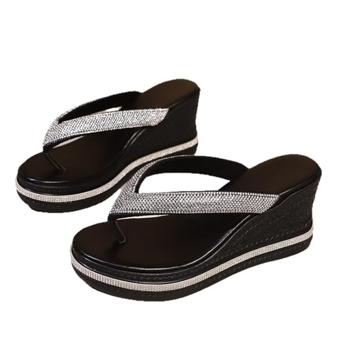 Womens Dressy Rhinestone Wedge Platform Flip Flops Glitter Slip On Clip-Toe Slippers Casual Anti-Slip Beach Walking Slipper Shoes