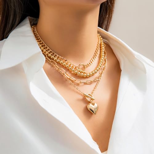 Otxas Layered Gold Necklace for Women Non Tarnish Chunky Gold Necklace Stack for Women Paperclip Chain Necklace for Women Retro Coin Medallion Heart Pendant Necklace Gold Jewelry Set3