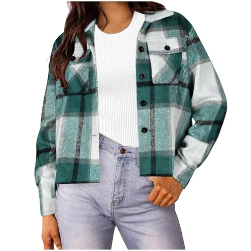 Eauptffy Cropped Chaqueta para mujer a cuadros con botones, chaqueta de otoño de manga larga, chaqueta corta con bolsillos en el pecho, solapas para otoño e invierno, abrigos de forro polar, chaqueta