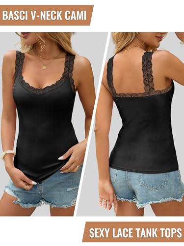 Image of Lace Camisole Tank Tops for Women V Neck Wide Strap Soft Ribbed Lace Trim Cami