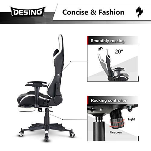 DESINO Gaming Chair Racing Style High Back Computer Chair Swivel Ergonomic Executive Office Leather Chair Video Game Desk Chair with Footrest for Adults (White)