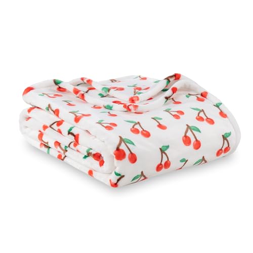 Berkshire Blanket-Classic Heavyweight Soft Printed VelvetLoft Plush Blanket Full/Queen Size Soft Fuzzy Warm Blanket for Couch Sofa Bed Cherries Toss White 90in x 90in