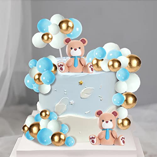 Bear Cake Toppers With Blue Gold White Cake Topper Mini Balloons, For Baby Shower Gender Reveal Party Birthday Party Bear Theme Party Supplies (Blue) #TOP2