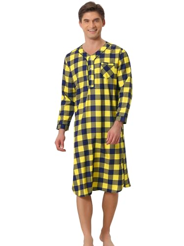 Lars Amadeus Plaid Nightshirts for Men's Henley Sleepwear Checked Nightgown Long Pajamas