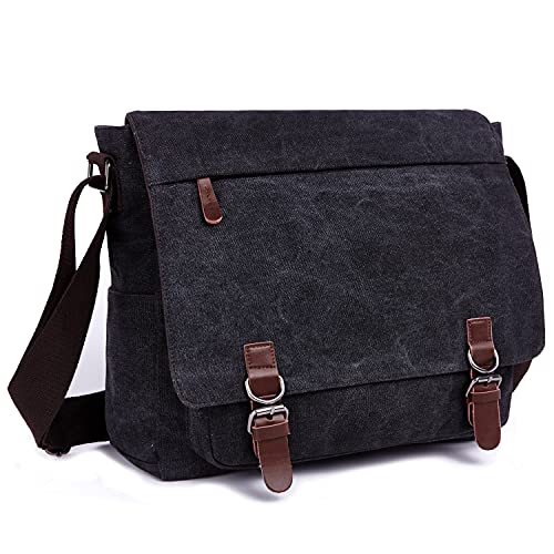Canvas Messenger Bag For Men Women,Travel Satchel Shoulder Bag 15.6 Inch Laptop Bags Business (Black) #TOP1