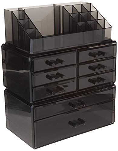 SONGMICS Makeup Organizer 8 Drawers Cosmetic Storage 3 Pieces Set Jewelry Display Case with 16 Top Compartments Black UJMU08B