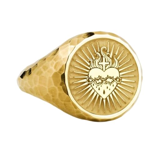 Bague Sacré-Cœur chevalière ronde argent 925 plaqué or taille 5 à 12.5 US