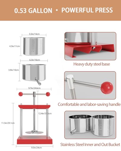 Image of 0.53 Gallon Manual Press - Stainless Steel Soft Fruit & Herb Juicer with Filter Bag - Multi-Functional Squeezer for Grapes, Berries, Honey & Cheese - Compact Top-Handle Design for Small Batches