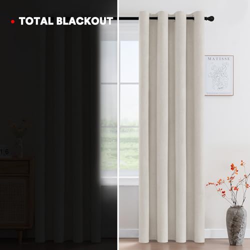 Image of Princedeco Blackout Curtains Linen Blended 102 Inch Long Room Darkening Black Out Curtains for Living Room with Natural Slubs & Grayish (Not Solid)Thermal Insulated Grommet 2 Panels - Heathered Linen