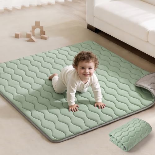 Image of Blissful Diary Portable Baby Play Mats for Floor, 43 inch X 43 inch Thicker Cushioned Foldable Baby Crawling Mat for Indoor Outdoor, Non-Slip & Washable Kids Playmat for Tummy Time Activity, Sage Green