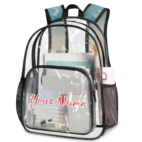 Personalized Small Clear Backpack Stadium Approved Heavy Duty PVC Plastic Custom Transparent Backpacks See Through Bag with Name, Ocean Beach Seashell Palm Tree