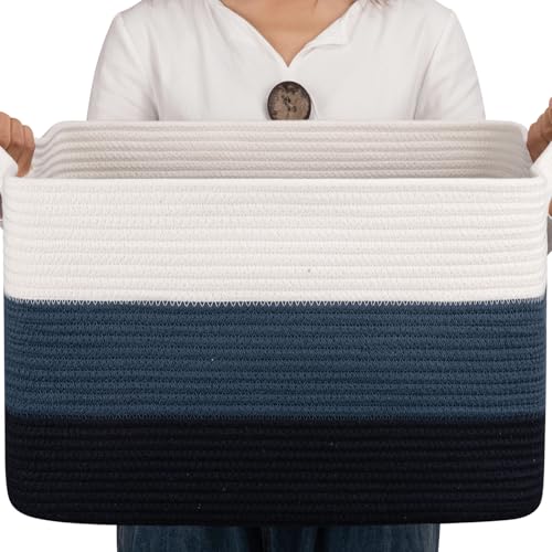 Image of OIAHOMY Blanket Basket, Rectangle Woven Baskets, Nursery Blanket Storage Living Room, Toy Storage With Handle, Large Baskets for Organizing-17.7 inchx13.8 inchx11 inch-Gradient Blue