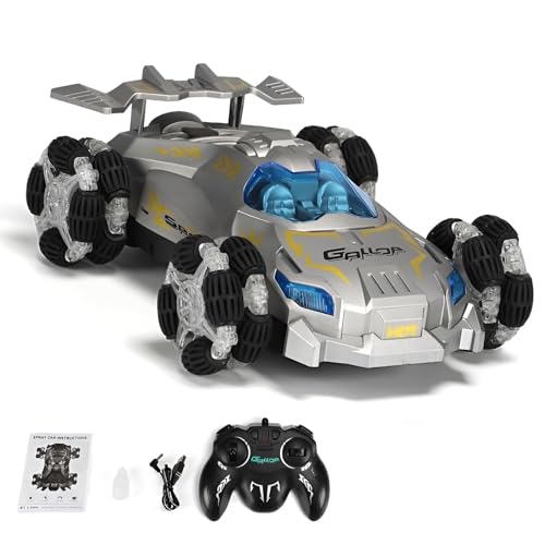 Genérico RC Car Stunt 360° Rotación Y Derrape Lateral, Rueda Largo Alcance, Faros Led, Todo Terreno con Función De Pulverización para Exteriores (Silver)