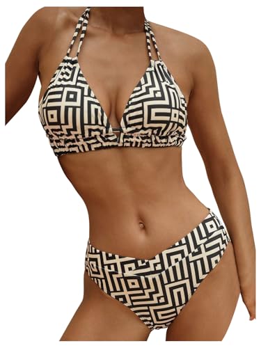 Verdusa Women's 2 Piece Graphic Halter Bikini Set Self Tie Vacation String Swimsuit