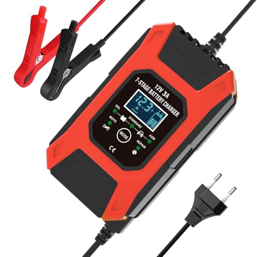 Image of Sounce Smart 12V 3A Automatic Battery Charger & Maintainer with Digital Display, Pulse Repair Technology, EU Plug - Compatible with Car, Bike, SUV, Lawn Mower, Truck, Boat, ATV, and More (Red)