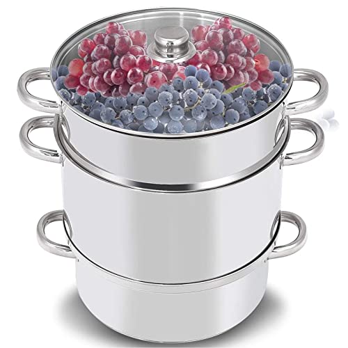 Fruit Juicer Steamer, 11-Quart 304 Stainless Steel Fruit Vegetables Juice Steamer Pot with Lid, Hose, Clamp, Loop Handles for Making Juice, Jelly, Pasta Kitchen Cookware