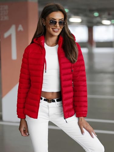 OZONEE Damen Übergangsjacke Regenjacke Jacke Übergang Jacken Herbst Bomberjacke Stehkragen Kapuze Steppjacke Kapuzenjacke Leichte Outdoor Puffer Jacket Gepolstert 777/4975K/270 ROT M