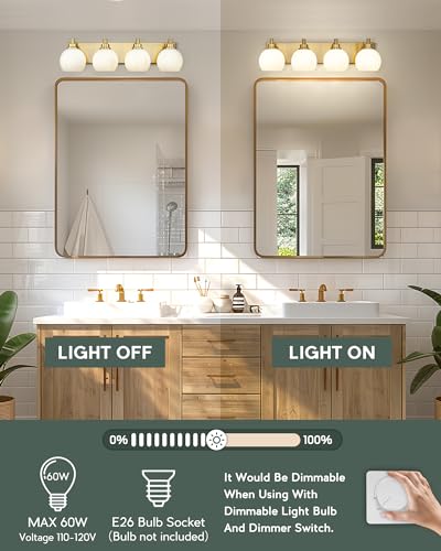 Image of Bathroom Light Fixtures, 4 Light Brushed Gold Vanity Light, 26 Inch Modern Wall Sconces with Globe Milk White Glass Shade, Vanity Lighting Fixtures Over Mirror, VL195-BG-ML-4