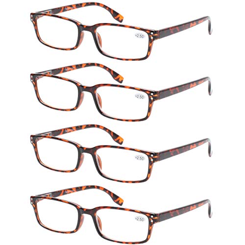Image of Kerecsen 4 Pack Reading Glasses for Men and Women with Spring Hinges, Lightweight Black Rectangular Readers Eyeglasses (4 Pack Tortoise, 1.50)