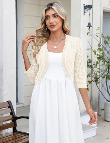 LOMON Womens 3/4 Sleeve Cropped Cardigan for Women Bolero Shrug Light-Weight Open Front Crochet Knitted Sweater, XXL Beige by LOMON - Image 10