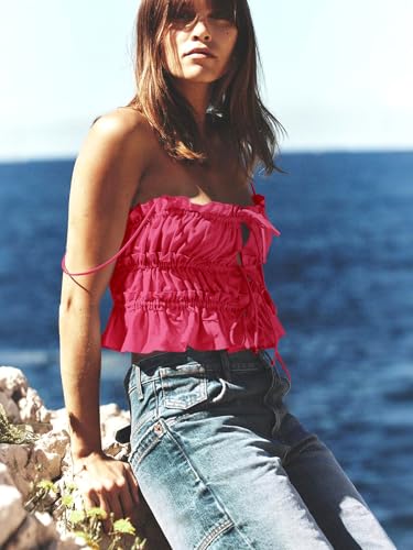 Image of Tankaneo Womens Summer Tie Front Crop Tops Cute Ruffle Ruched Spaghetti Strap Tank Tops Y2K Going Out Shirts