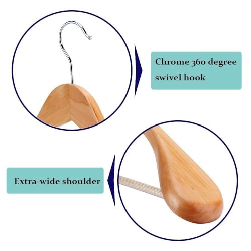 Image of Extra Wide Shoulder Wooden Coat Hangers | Heavy-Duty Wooden Hangers for Clothes | Non-Slip Suit Hanger with 360 Swivel Hook | Solid Wood Hanger for Coats & Jackets (8, Beige)