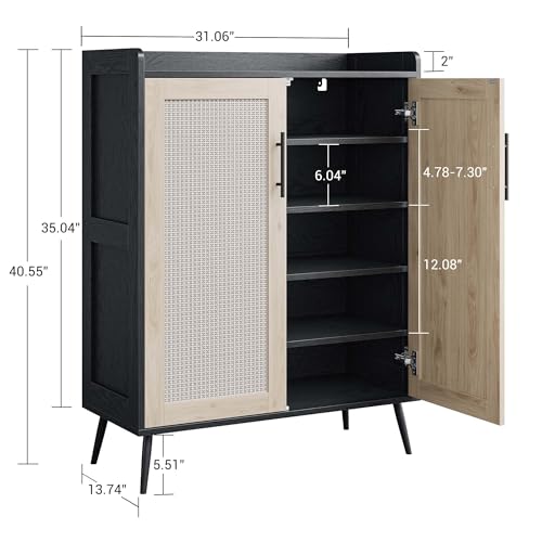 Rattan Shoe Cabinet, 5-Tier Shoe Storage Cabinet with Doors, 2 Adjustable Shelves and Heavy Duty Metal Legs, Farmhouse Shoes Organizer for Entryway Hallway Living Room, Black