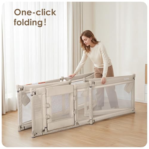 Image of Sweeby Foldable Baby Playpen, 79x71 Inch Baby Gate Playpens for Babies and Toddlers Extra Large Play Yard with Door Child Fence and Indoor Play Pen, Beige