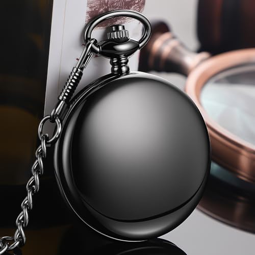 Image of Tiong Pocket Watch Vintage Quartz Pocket Watches with Chain Christmas Graduation Birthday Gifts Father's Day（Black
