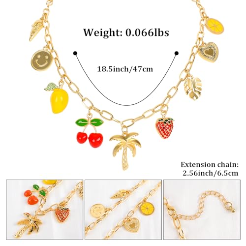 NEKOL Gold Charm Necklace for Women Hawaii Style Chain Necklace with Cute Dangle Coconut Tree Cherry Lemon Mango Strawberry Heart Fruit Bow Pendant Trendy Y2K Summer Beach Jewelry Gift2