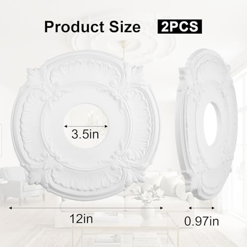 Image of Kenaoeoe 2 Pack White Plain Ceiling Medallion 12 inch OD x 3.5 inch ID PU ecorative Ceiling Fan Medallions for Light Fixtures