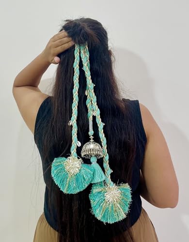 Image of Zippy Flora Handmade Boho Parandi /Paranda /Traditional Hair Accessory Braid Tassles /Hair Extension /Choti (Nazaakat Parandi (Turquoise Blue))