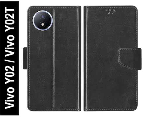 Image of SBMS Flip Cover for Vivo Y02 / Vivo Y02T Back Cover Case with Magnatic Closure | Inbuilt Stand | Card & Money Pocket (Black)
