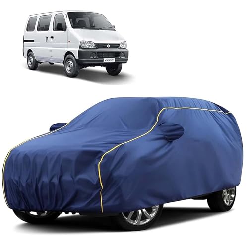 Image of Sulfar 100% Water Resistant Car Body Cover Compatible with Mirror for Maruti Suzuki Eeco (Triple Stitched, Full Bottom Elastic, Blue Tafetta with Yellow Piping)