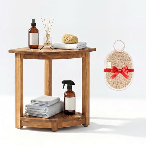 VICTORY RELAX Acacia Wood Corner Shower Shelf for Inside Shower – Waterproof Shower Bench & Foot Rest for Shaving Legs, Small Bathroom Spa Seat, Natural Color (17.9')